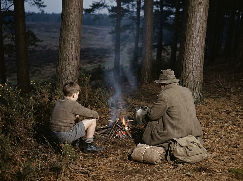 A boy and an old tramp by a campfire in a pine wood at dusk.