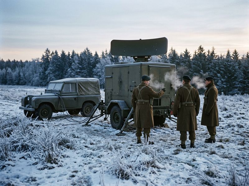 A British Army radar unit in a snowy German field at dawn.