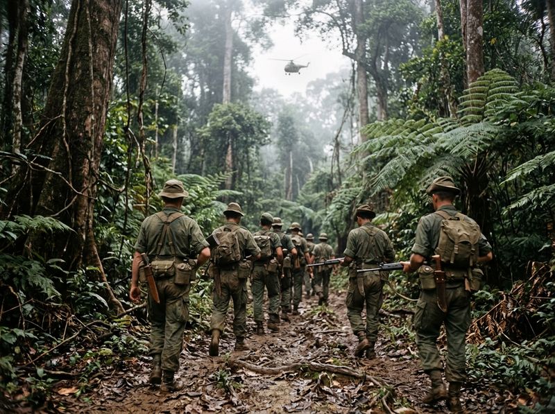 A patrol of British and Gurkha soldiers on a jungle trail in Borneo.