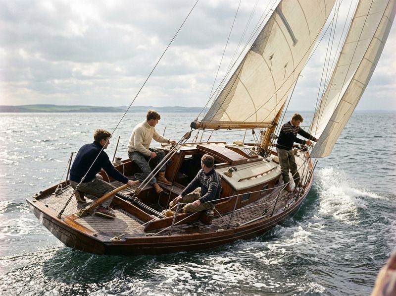 A wooden sailing yacht heeling on the Baltic Sea.
