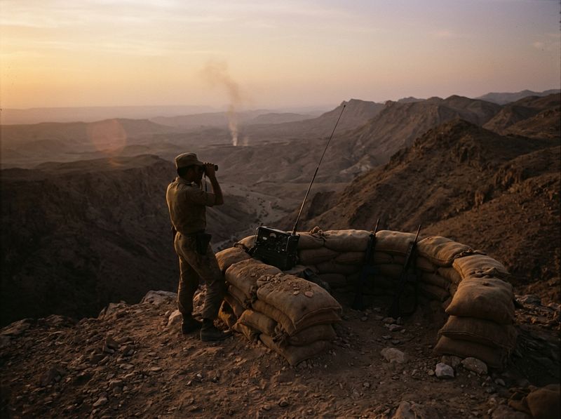 A sandbagged hilltop position above a wadi in Dhofar at dusk.