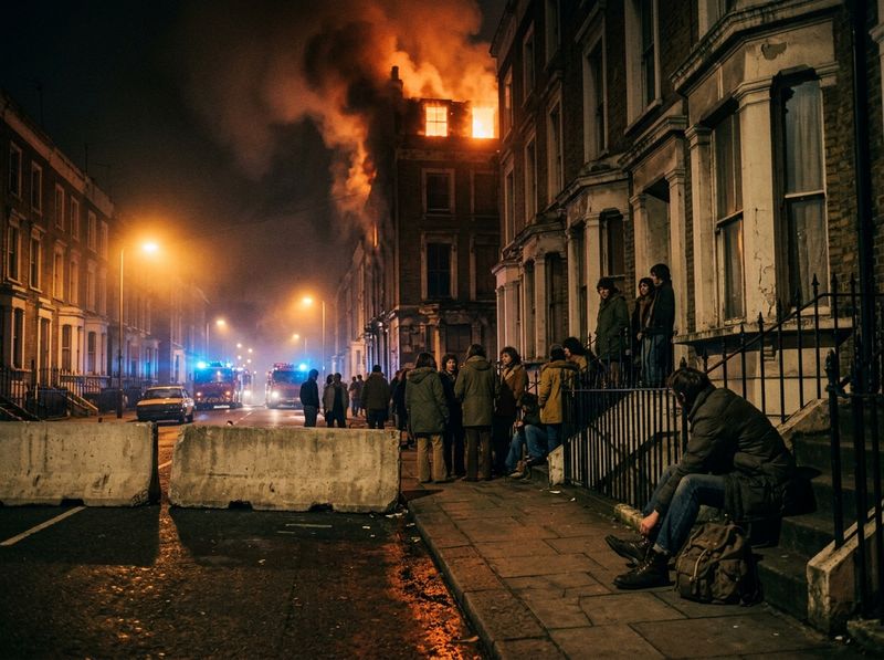 A London squat on fire at night, fire engines stuck at the end of the road.