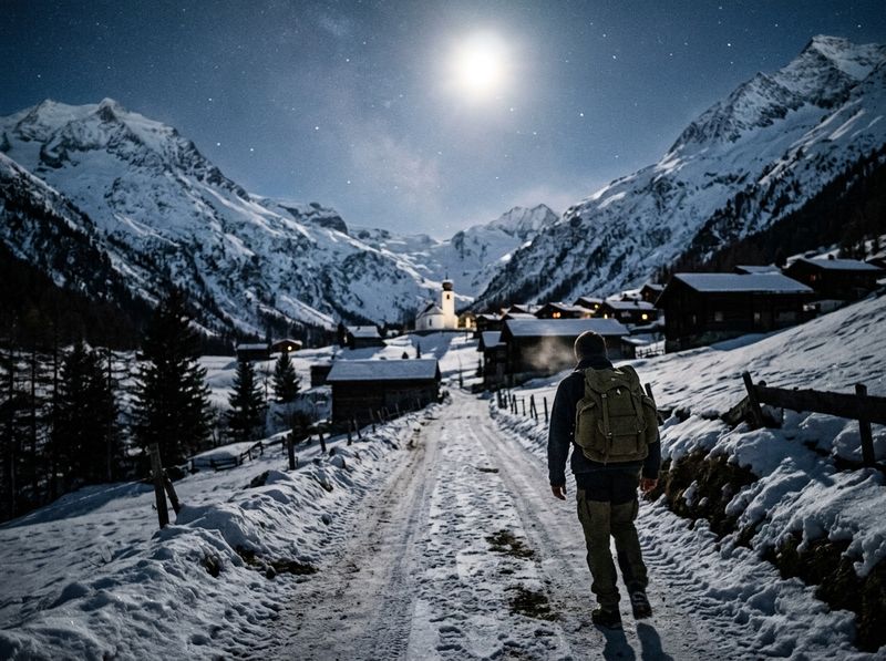 A lone walker on a mountain lane at midnight, approaching an alpine village under a full moon.