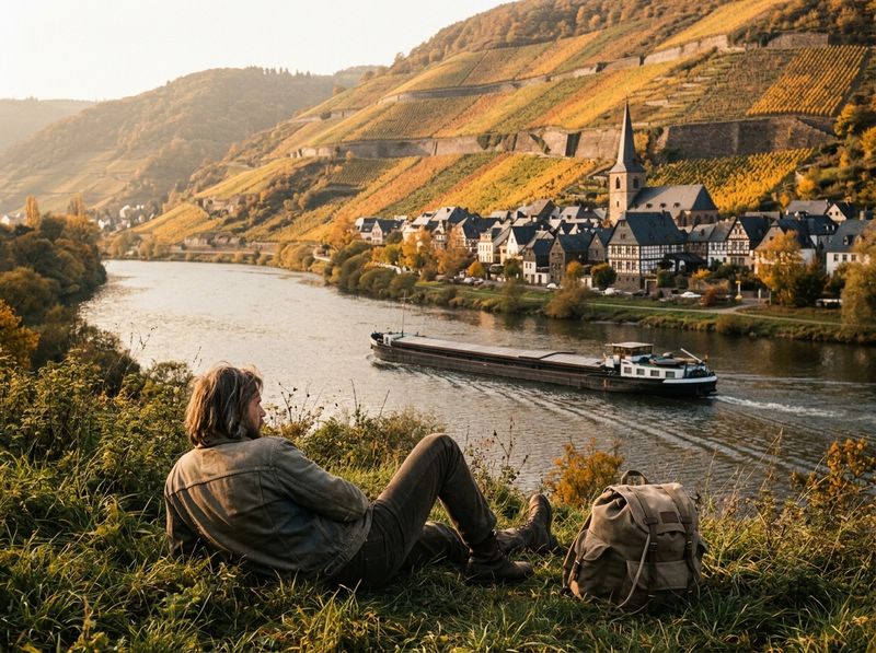 Terraced vineyards above the Moselle river in autumn, a barge passing.